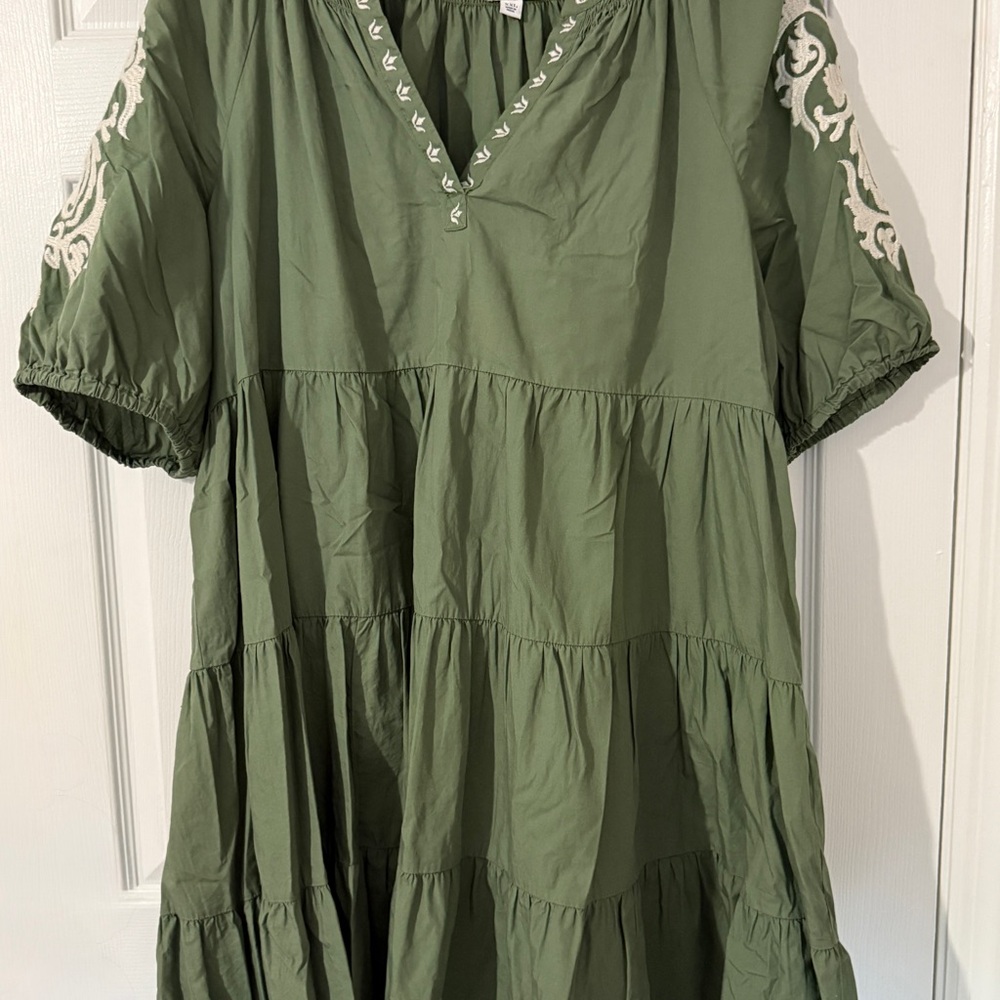 Green Tiered Dress with Embroidered Sleeves